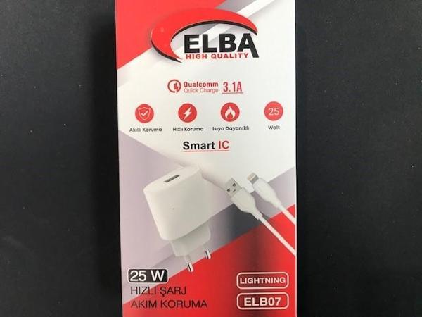 Elba ELB07-USB-25WIOS Beyaz 25W Usb Ev Şarj Kafa+ Usb 1mt Lightning Kablo QC4.0 Hızlı Şarj - Image 1