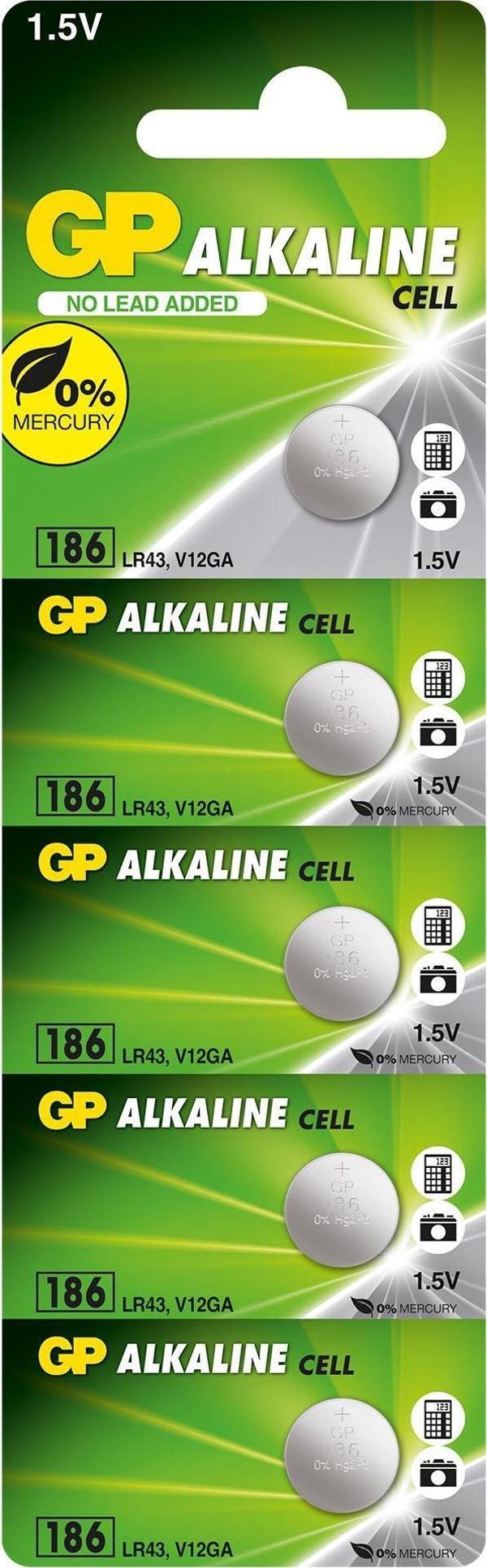 GP GP186-C5 LR43 Alkalin Düğme Pil 5'li Paket - Image 1
