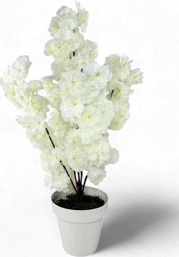 Netten Evime Yapay Ağaç Bahardalı Ağacı Beyaz Japon Kiraz Çiçeği Sakura Çiçeği 80 cm Beyaz Plastik Saksılı - Image 1