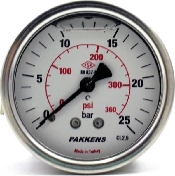 Pakkens 0-25 Bar 50 mm Arkadan Bağlantılı Panotipli Gliserinli Manometre G 1/4 inç - Image 1