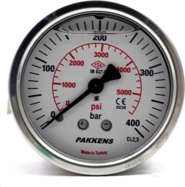 Pakkens 0-400 Bar 63 mm Arkadan Bağlantılı Gliserinli Manometre G 1/4 inç - Image 1
