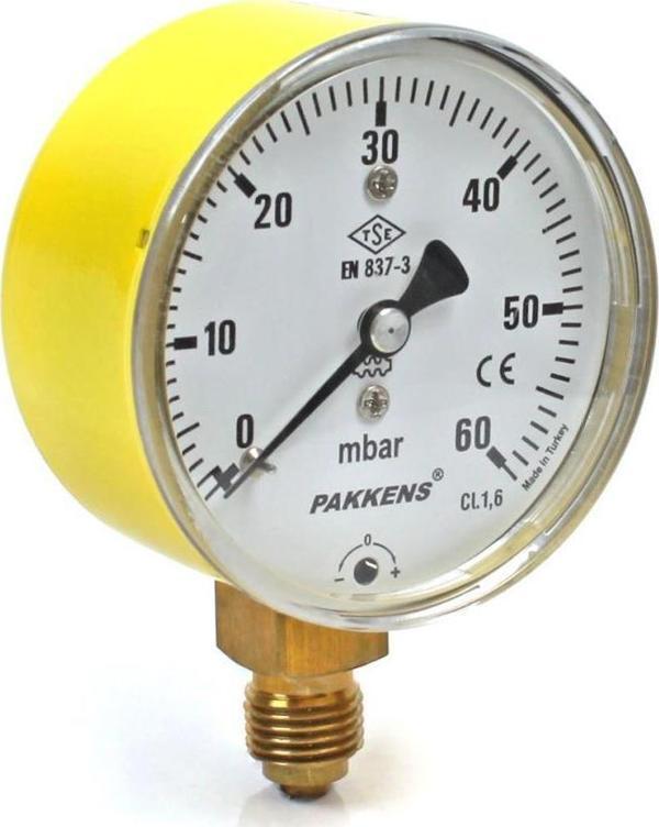 Pakkens 0-60 mBar 63 mm Alttan Bağlantılı Kapsül Diyaframlı Doğalgaz Manometresi CL1,6 G 1/4'' - Image 1
