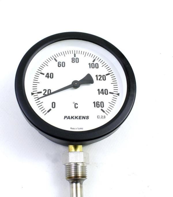 Pakkens Termometre 0-160 °C Çap 100 mm Daldırma Boyu 10 cm Alttan Bağlantılı G 1/2 inç - Image 1