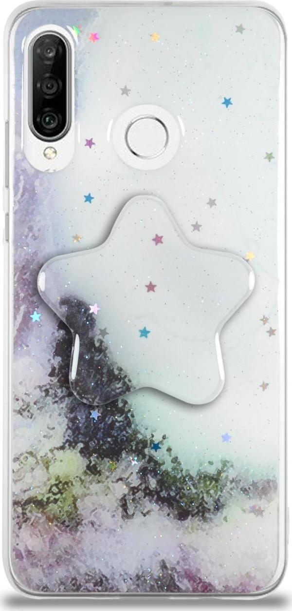 KZY İletişim Huawei P30 Lite Kapak Mermer Desenli Pop Socketli Silikon Kılıf - Beyaz - Image 1