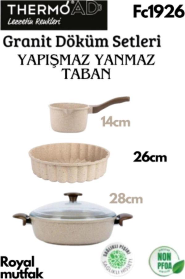 Thermoad Döküm Granit Karnıyarık Tencere 28 Cm + Granit Tart Kalıbı Vizon 26Cm + Granit Sütlük-Sosluk - Image 1