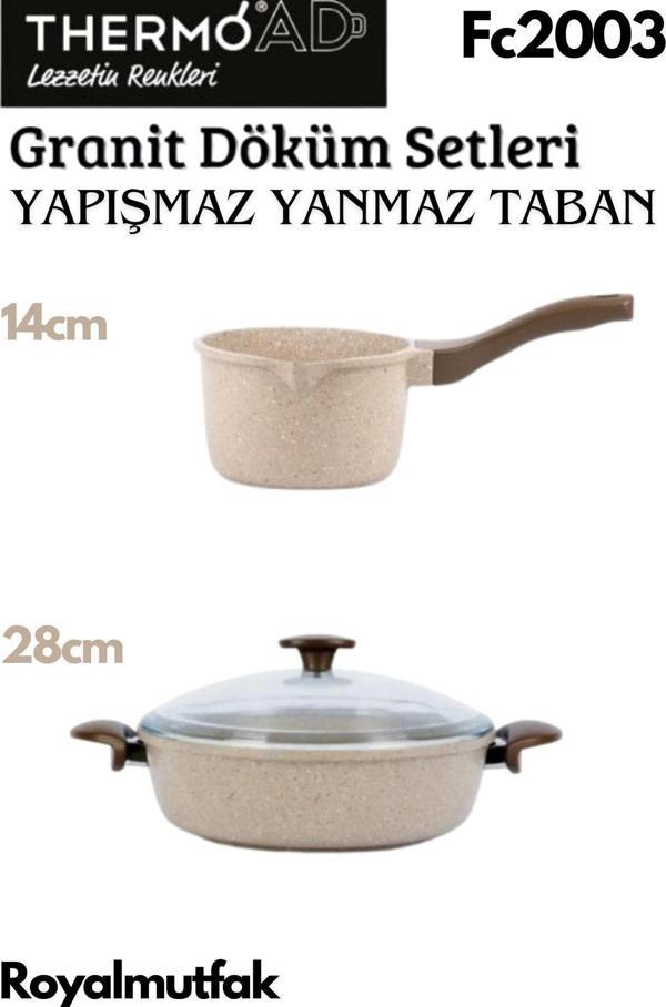 Thermoad Döküm Granit Vizon Basık Karnıyarık Pilav Tencere 28Cm + Granit Sütlük - Sosluk - Image 1