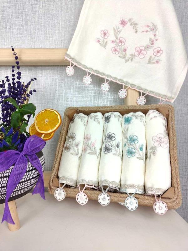 A.Z.H. (6'Lı Set) 30X50 Cm.Çeyizlik Kadife Saray Nakışlı Küpeli Dantelli Lüks El Ve Mutfak Havlu Seti - Image 1