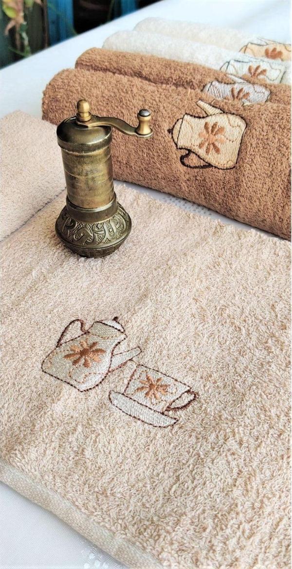 Z&N Style Çeyizlik 30X50 Cm. Mutfak Havlu Seti Çaydanlık Fincan Nakışlı 6'Lı Paket - Image 1