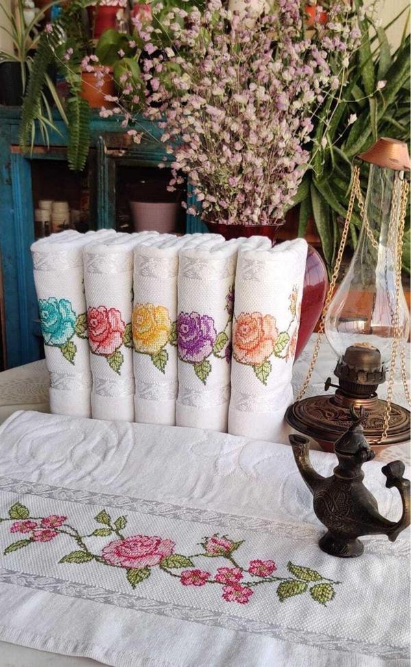 Z&N Style Annem 50X90 Cm. Jakarlı Kanaviçe Nakışlı Çeyizlik Lüks Havlu Seti 6'Lı - Image 1