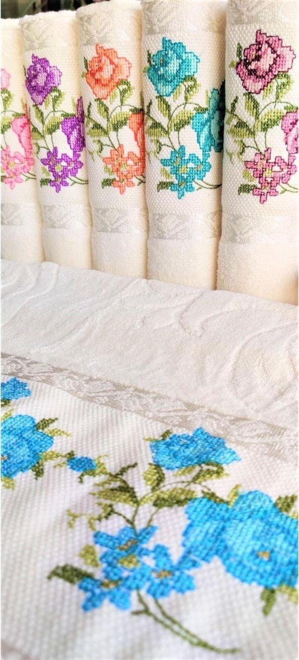 Z&N Style 50X90 Cm. Jakarlı Kanaviçe Nakışlı Çeyizlik Lüks Havlu Seti 6'Lı (Açık Krem Havlu Üzeri) - Image 1