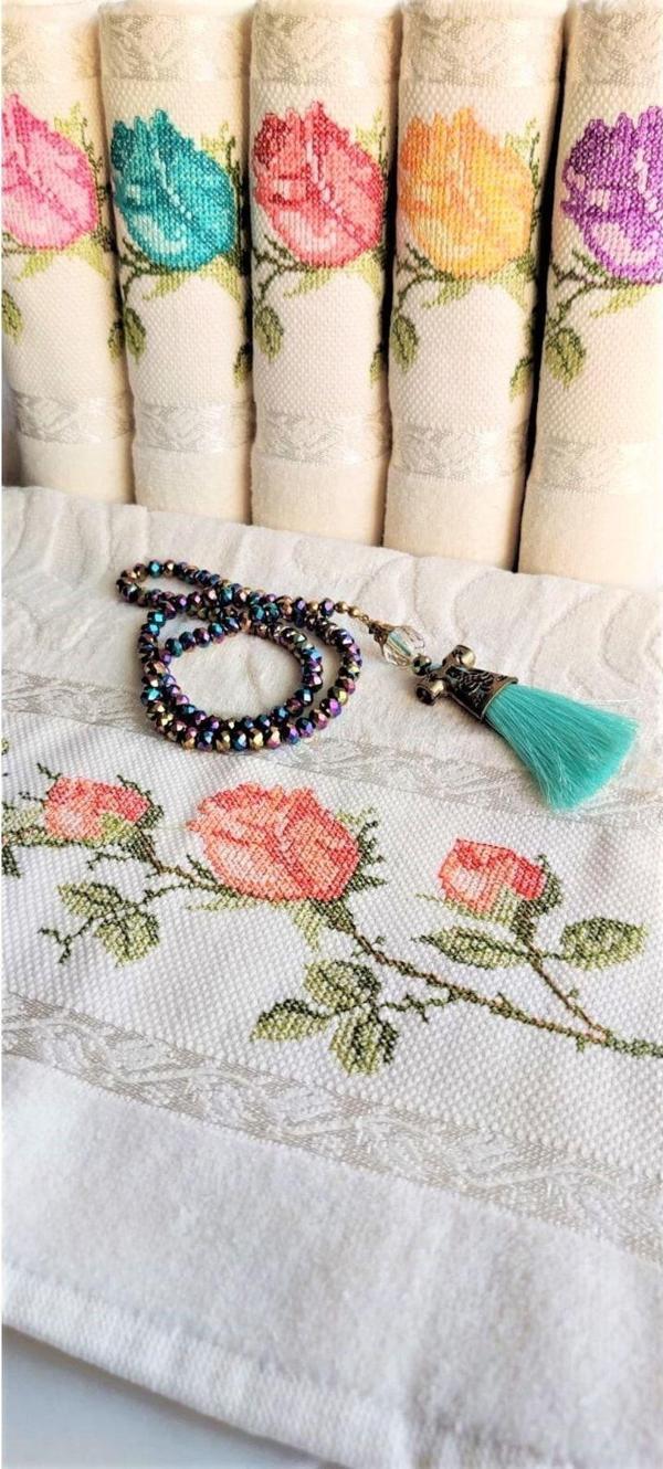 Z&N Style 50X90 Cm. Jakarlı Kanaviçe Nakışlı Çeyizlik Lüks Havlu Seti 6'Lı (Açık Krem Havlu Üzeri) - Image 1