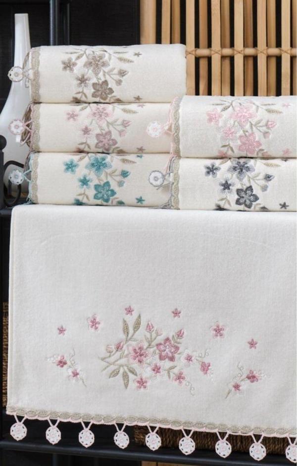 A.Z.H. (6'Lı Set) 50X90 Cm. Çeyizlik Kadife Nakışlı Küpeli Dantelli Lüks El Ve Mutfak Havlu Seti - Image 1