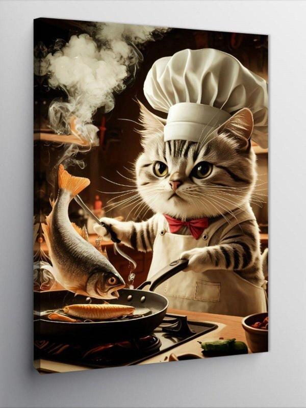 Kanvas Tablo Balık Yapan Aşçı Kedi - Image 1