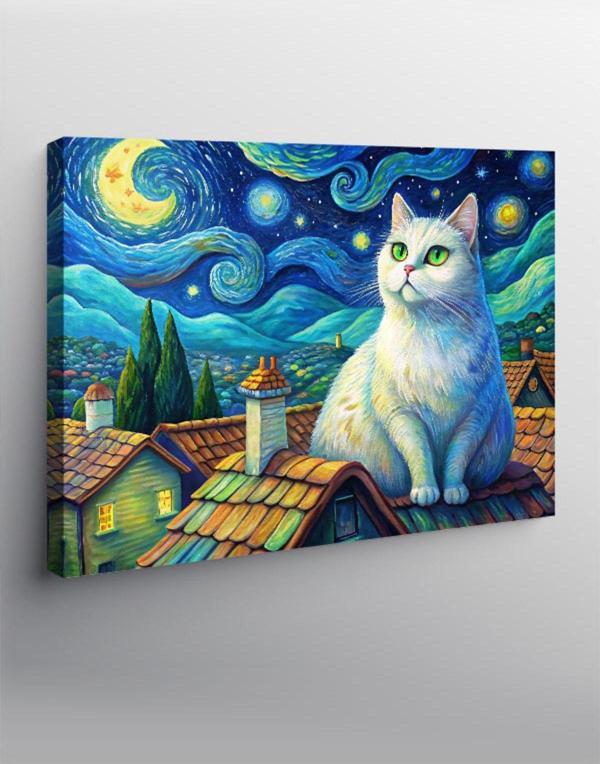 Kanvas Tablo Beyaz Kedi Ve Retro Evler - Image 1