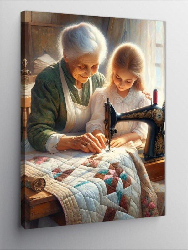 Kanvas Tablo Dikiş Yapmayı Öğreten Kadın - Image 1