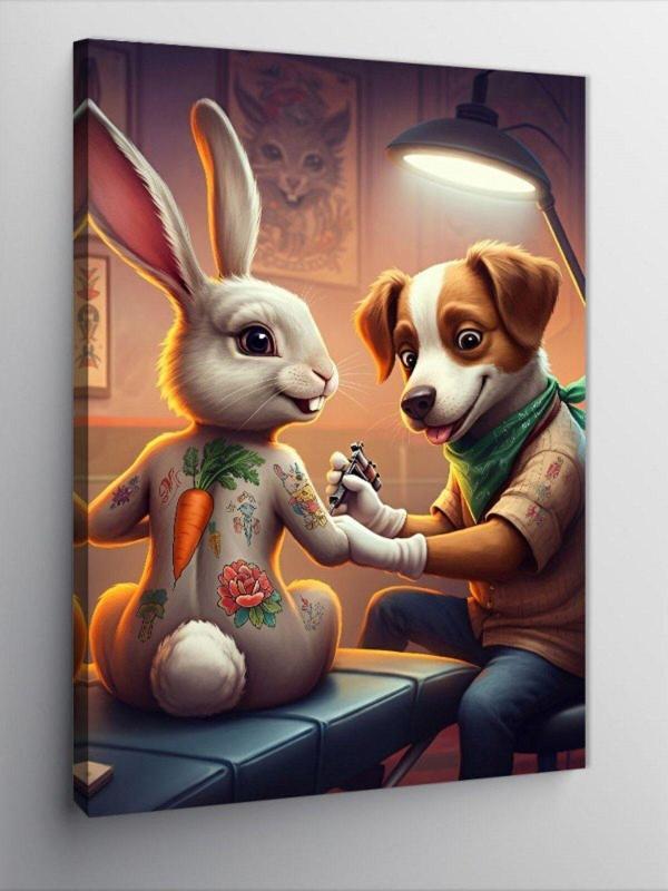Kanvas Tablo Dövmeci Köpek Ve Tavşan - Image 1