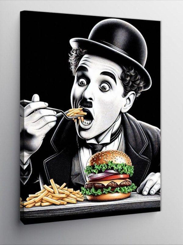 Kanvas Tablo Hamburger Yiyen Charlie Chaplin - Image 1