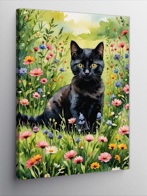 Kanvas Tablo Renkli Çiçekler Ve Siyah Kedi - Image 1