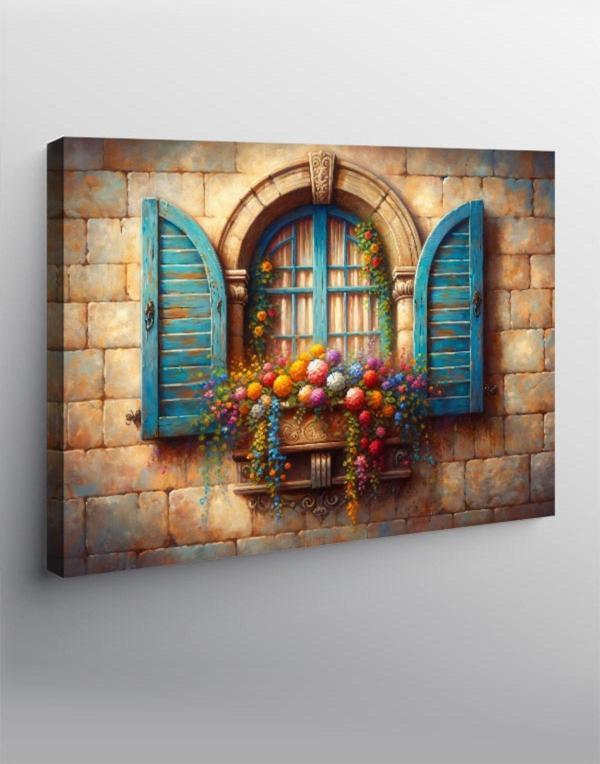 Kanvas Tablo Retro Pencere Ve Çiçekler - Image 1