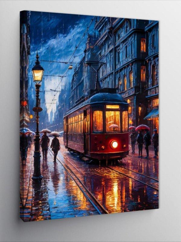 Kanvas Tablo Tramvay Ve Şemsiyeli İnsanlar - Image 1