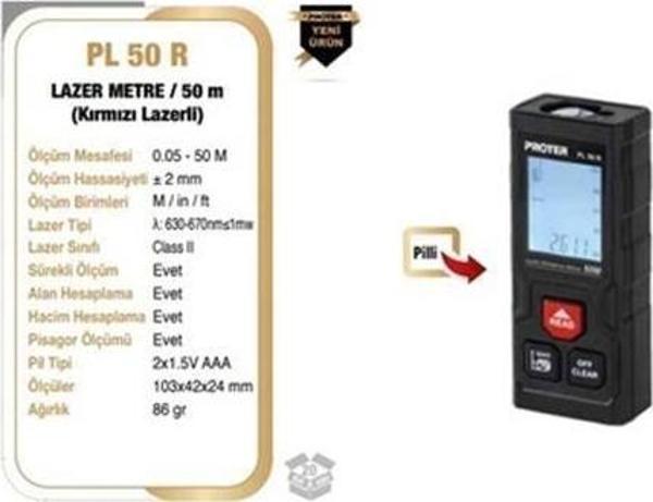 PROTER PL 50 R PİLLİ LAZER METRE 50 METRE - Image 1