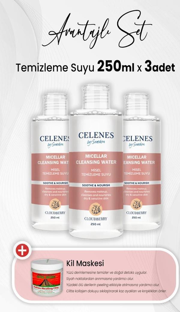 Celenes By Sweden Cloudberry Misel Temizleme Suyu 250 ml x 3 Adet ve Kil Maskesi 454 Gr - Image 1