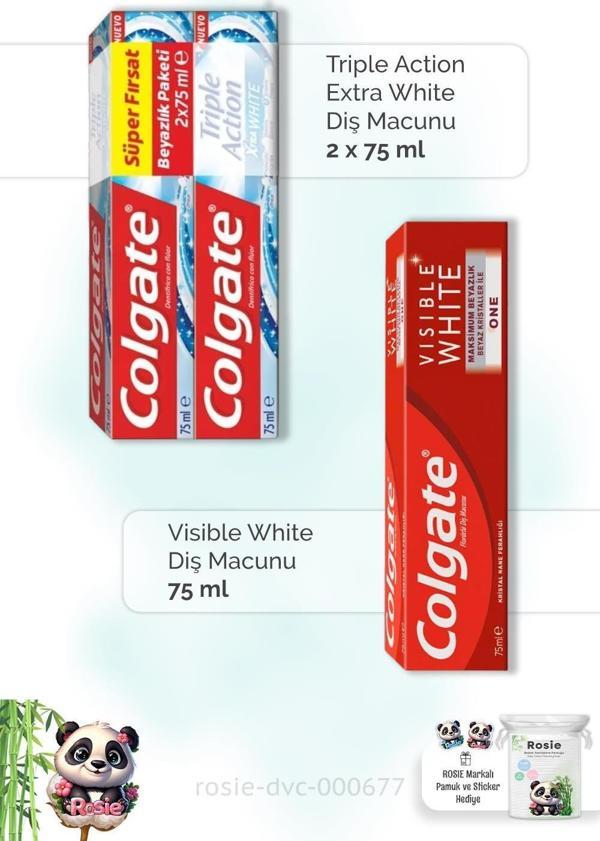 Colgate Action Extra White 2 x 75 ml, Visible White 75 ml Diş Macunu ve ROSIE - Image 1