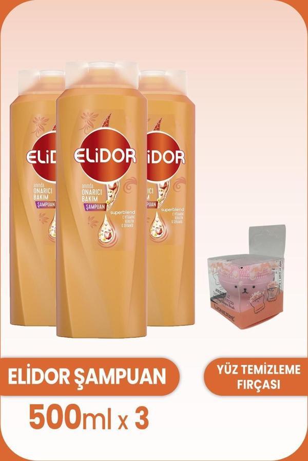 Elidor Superblend Şampuan Onarıcı Bakım 500 ml x 3 Adet ve Yüz Fırçası - Image 1