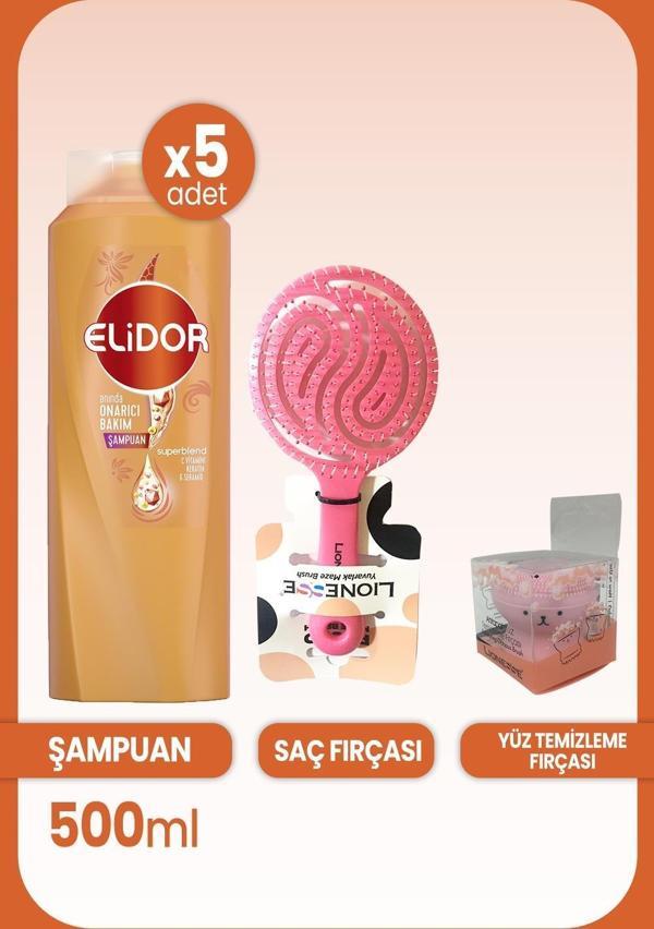 Elidor Superblend Şampuanı Anında Onarıcı 500 ml x 5 Adet ve Saç ve Yüz Fırçası - Image 1