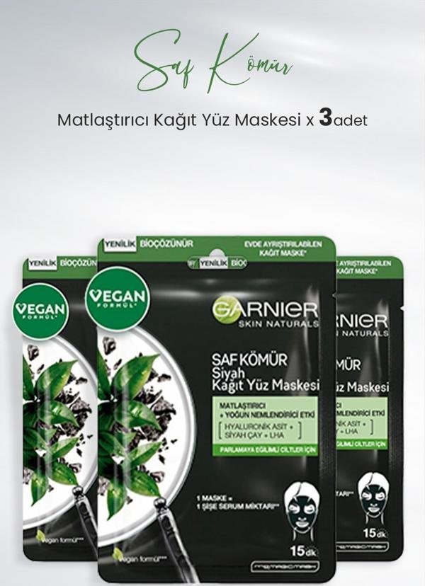 Garnier Kağıt Yüz Maskesi Siyah Saf Kömür Matlaştırıcı 28 gr x 3 Adet - Image 1