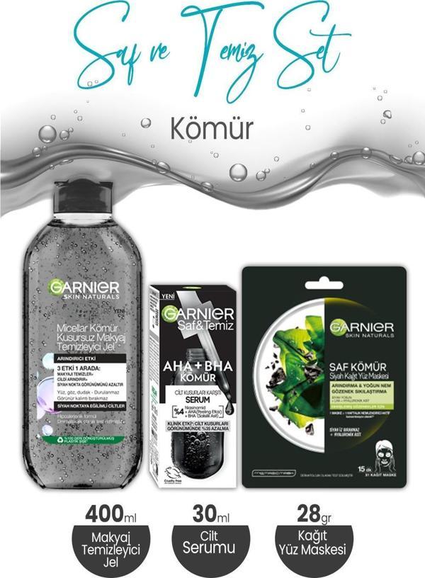 Garnier Micellar Kömür Makyaj Temizleyici Jel 400 ml, Serum 30 ml ve Kağıt Yüz Maskesi 28 gr - Image 1