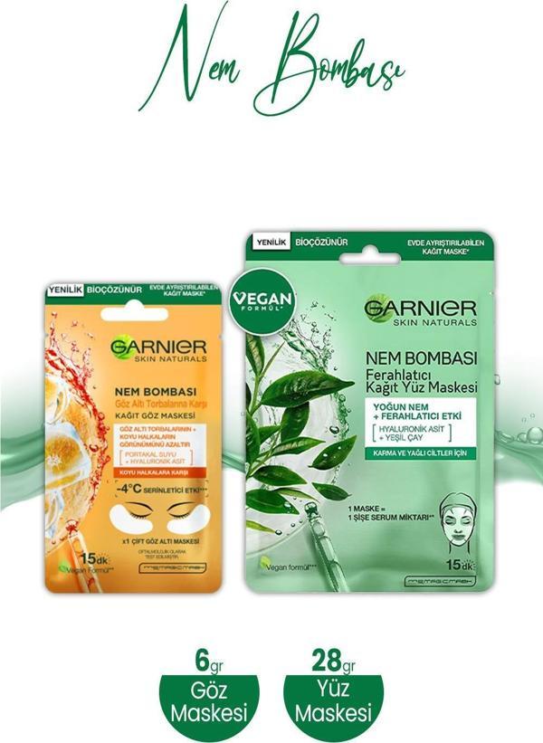 Garnier Nem Bombası Kağıt Yüz Maskesi Ferahlatıcı 28 gr ve Kağıt Göz Maskesi Portakal 6 gr - Image 1