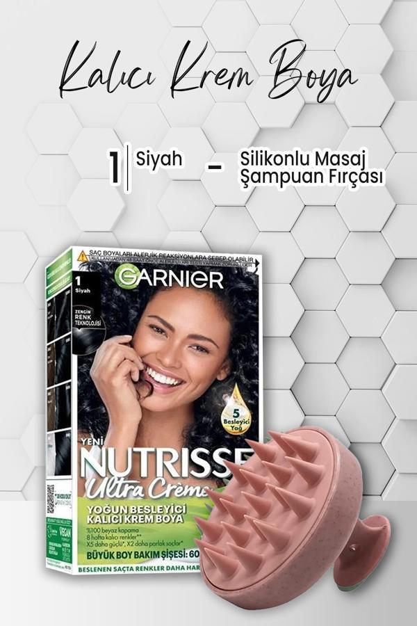 Garnier Nutrisse Besleyici Krem Saç Boyası 1 Siyah ve Şampuan Fırçası Pembe - Image 1