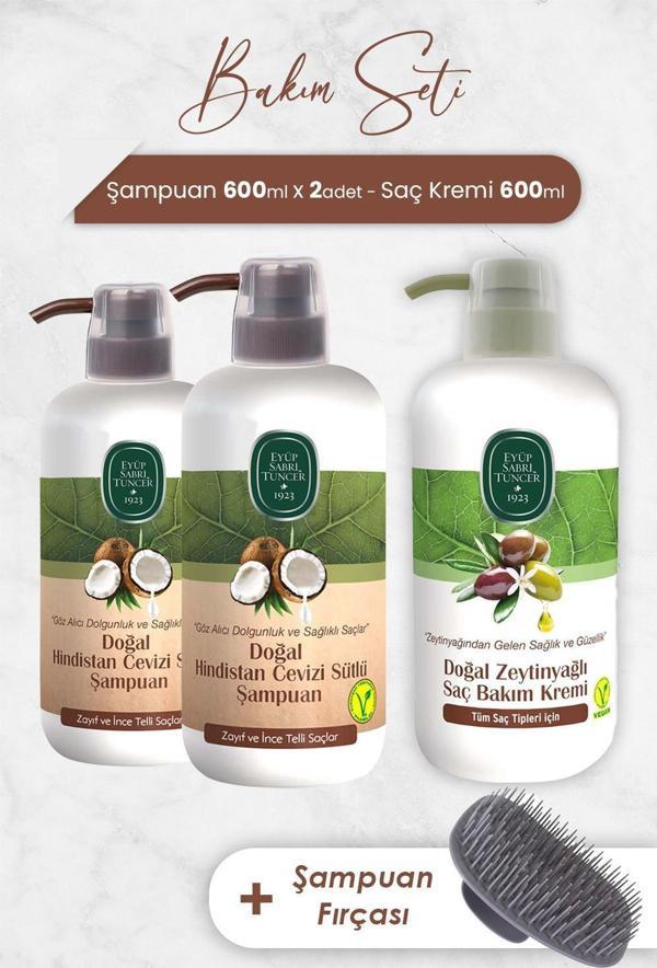 Eyüp Sabri Tuncer Hindistan Cevizi Şampuan 600 ml x 2 Adet, Saç Kremi ve Şampuan Fırçası - Image 1