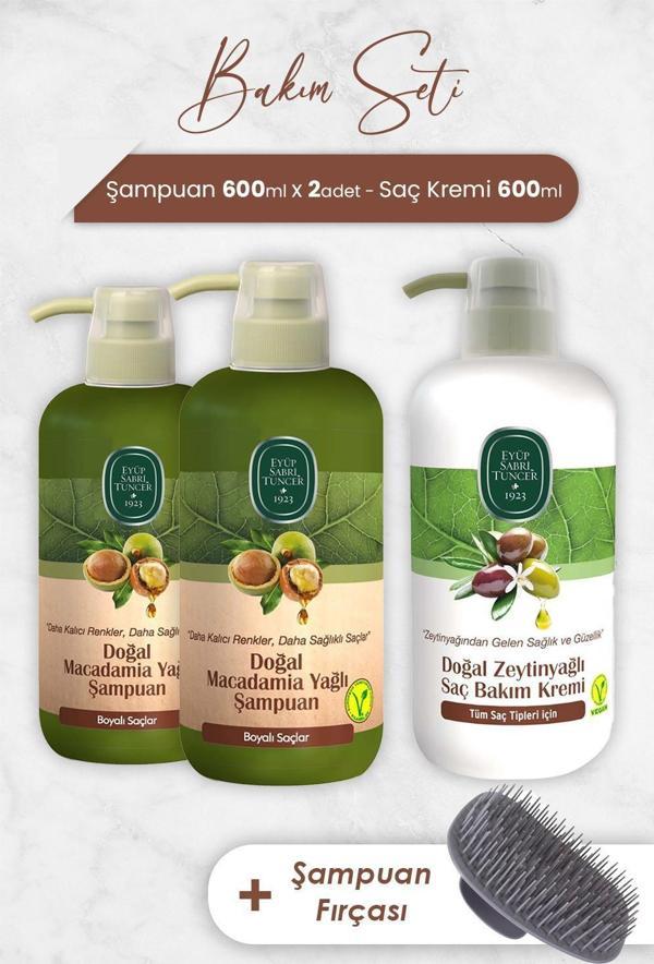 Eyüp Sabri Tuncer Macadamia Şampuan 600 ml x 2 Adet, Saç Kremi ve Şampuan Fırçası - Image 1