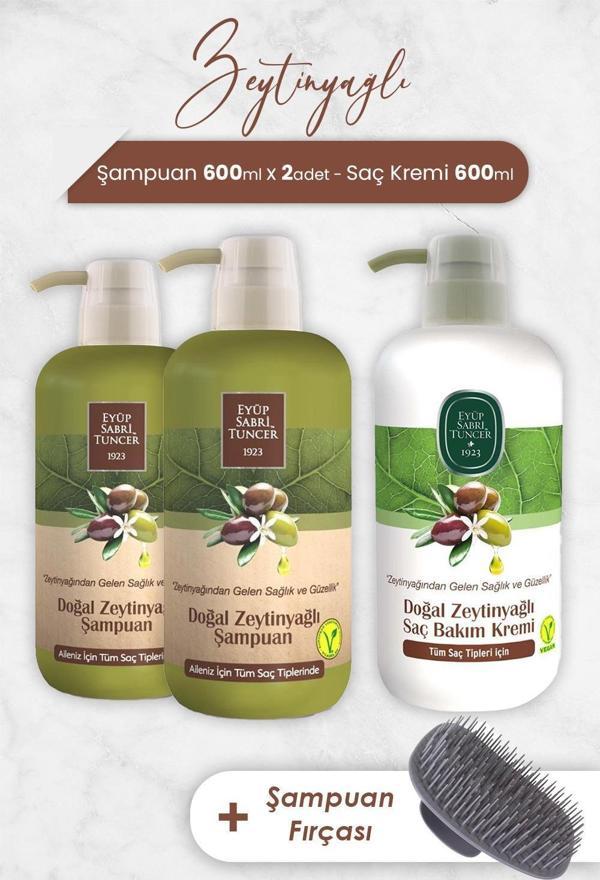 Eyüp Sabri Tuncer Zeytinyağlı Şampuan 600 ml x 2 Adet, Saç Kremi ve Şampaun Fırçası - Image 1