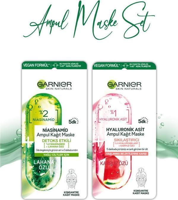 Garnier Ampul Kağıt Maske Hyaluronik Karpuz Özü 15 gr ve Niacinamide Lahana Özü Kağıt Maske 15 gr - Image 1