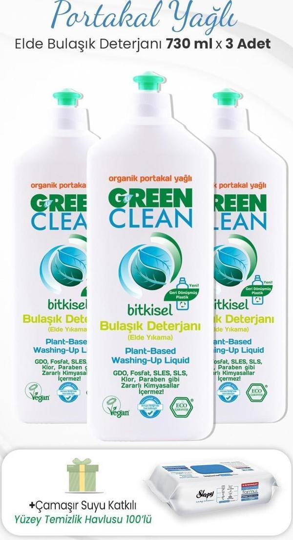 Green Clean 730 ml Bitkisel Elde Bulaşık Deterjanı x 3 Adet ve Çamaşır Sulu Temizlik Havlusu - Image 1
