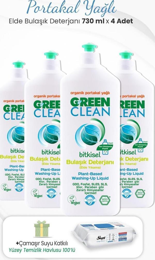 Green Clean 730 ml Bitkisel Elde Bulaşık Deterjanı x 4 Adet ve Çamaşır Sulu Temizlik Havlusu - Image 1