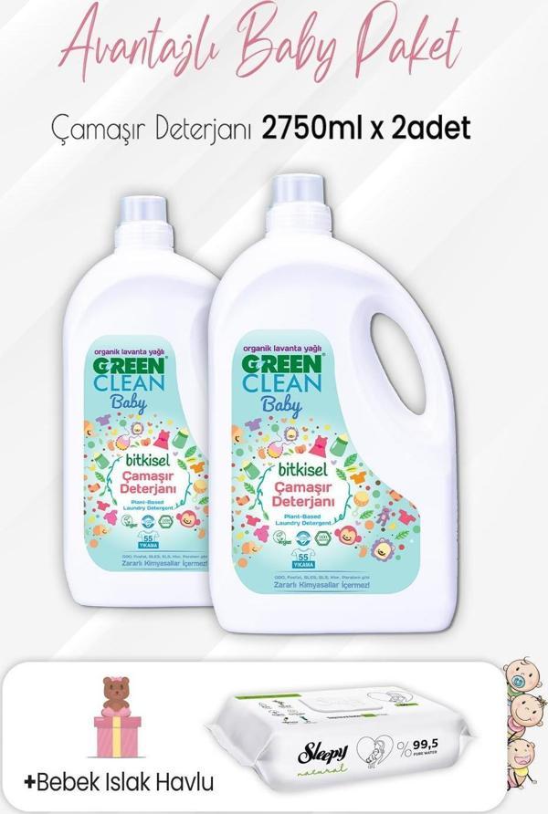 Green Clean Baby Bitkisel Çamaşır Deterjanı 2750 ml x 2 Adet ve Natural Yenidoğan 60'lı - Image 1