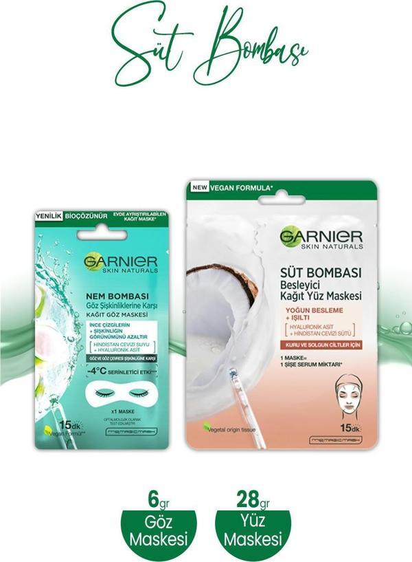 Garnier Süt Bombası Kağıt Yüz Maskesi 28 gr ve Nem Bombası Kağıt Göz Maskesi Hindistan Cevizi 6 gr - Image 1