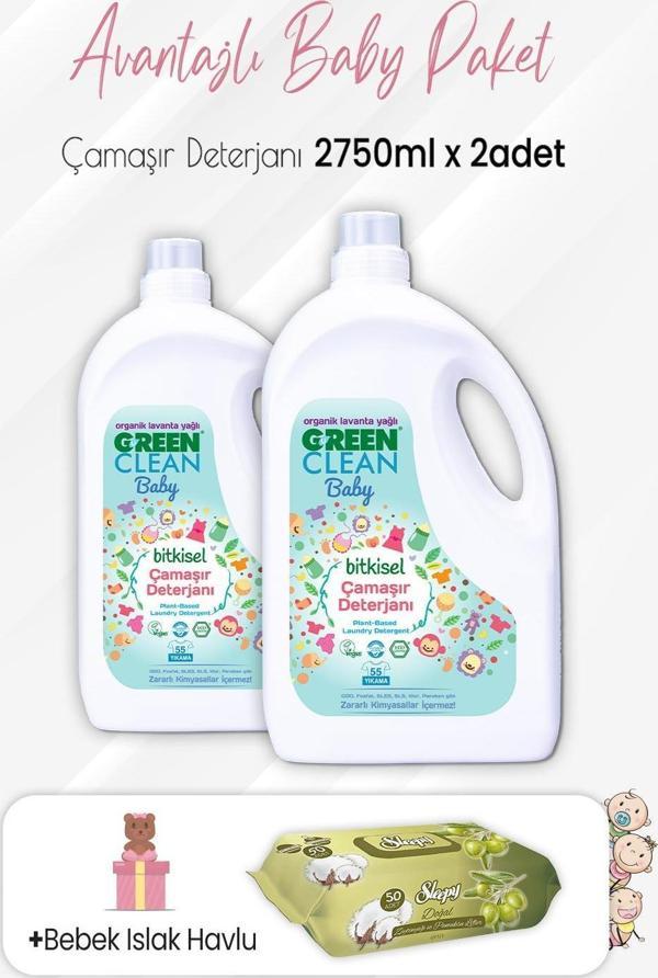 Green Clean Baby Çamaşır Deterjanı 2750 ml x 2 Adet ve Zeytinyağlı Pamuklu 50'li - Image 1