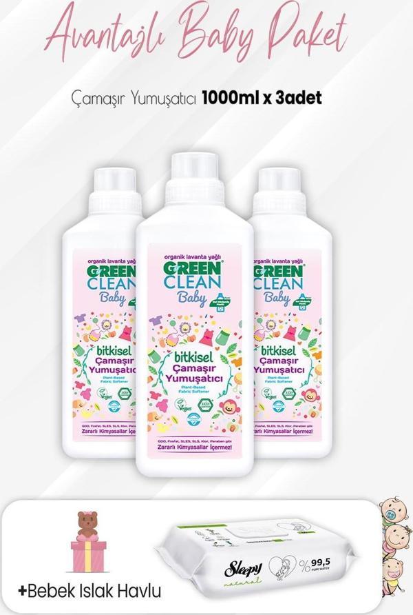 Green Clean Baby Çamaşır Yumuşatıcı 1 lt x 3 Adet ve Natural Yenidoğan 60'lı - Image 1