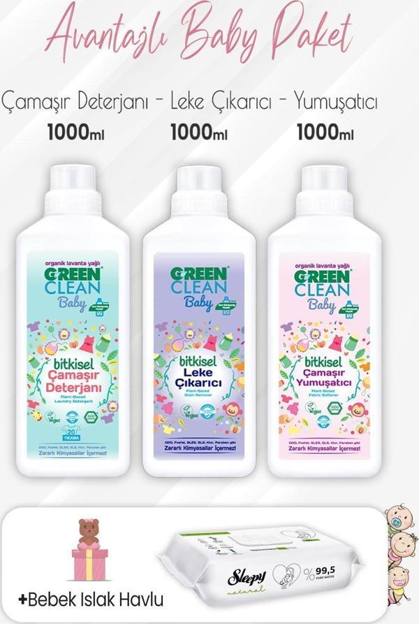 Green Clean Baby Deterjan, Yumuşatıcı, Leke Çıkarıcı 1 lt ve Yenidoğan Bebek Havlu 60'lı - Image 1