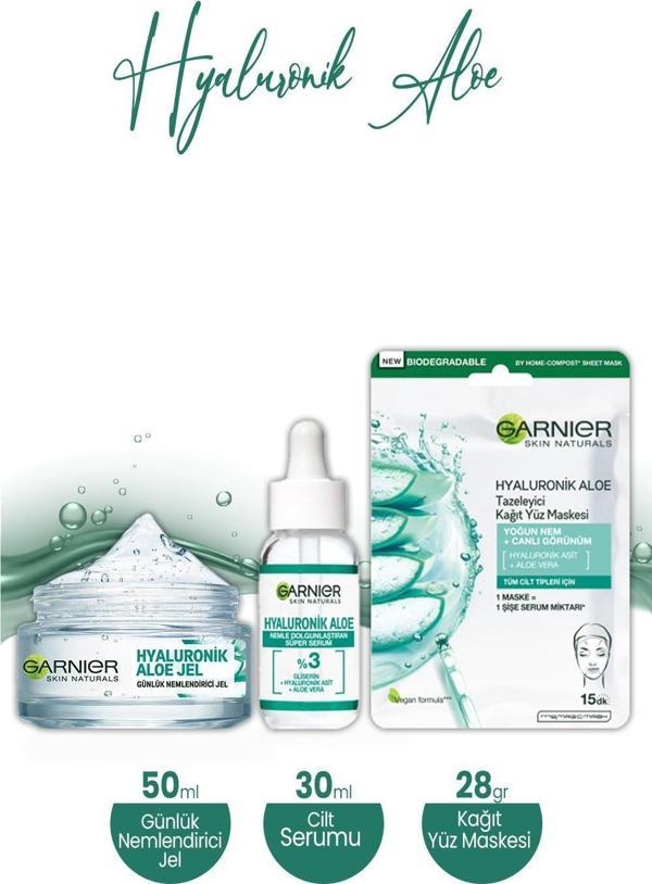 Garnier Hyaluronik Aloe Nemlendirici Jel 50 ml, Kağıt Yüz Maske 28 gr ve Serum 30 ml - Image 1