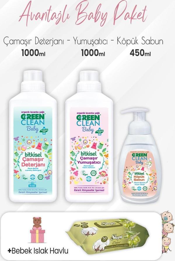 Green Clean Baby Köpük Sabun 450 ml, Deterjan, Yumuşatıcı 1 lt ve Zeytinyağlı Pamuklu 50'li - Image 1