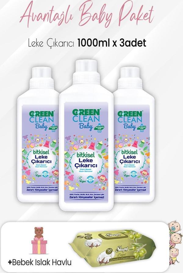 Green Clean Baby Leke Çıkarıcı 1000 ml x 3 Adet ve Zeytinyağlı Pamuklu 50'li - Image 1