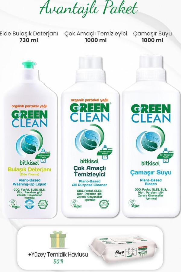 Green Clean  Çamaşır Suyu, Çok Amaçlı Temizleyici 1 lt, Bulaşık Deterjanı 730 ml ve Temizlik Havlusu 50'li - Image 1