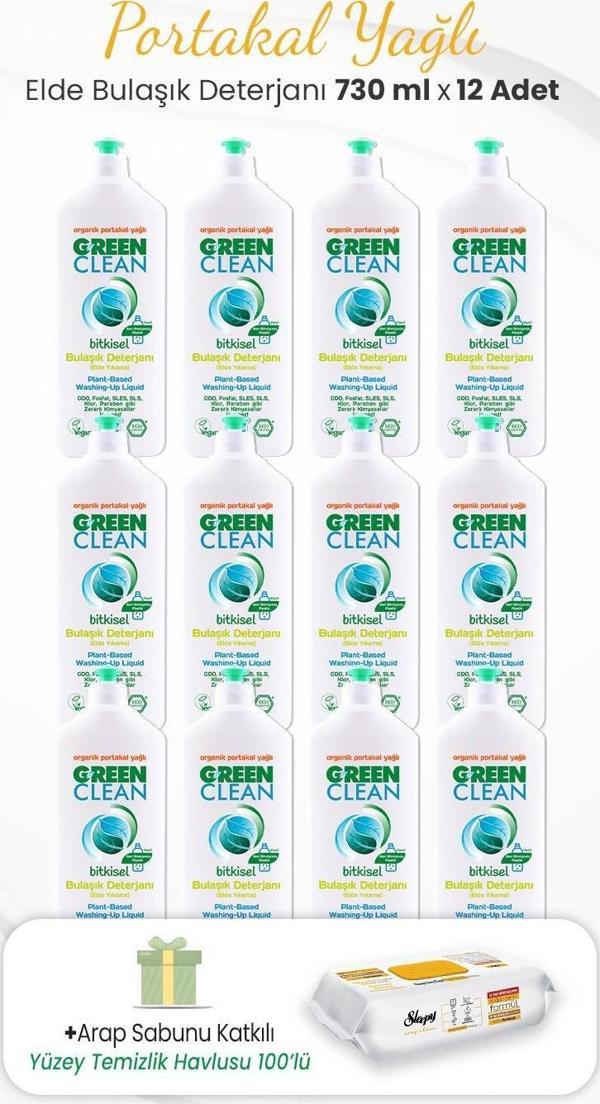 Green Clean 12li Elde Bulaşık Deterjanı  730 ml ve Arap Sabunlu Temizlik Havlusu - Image 1