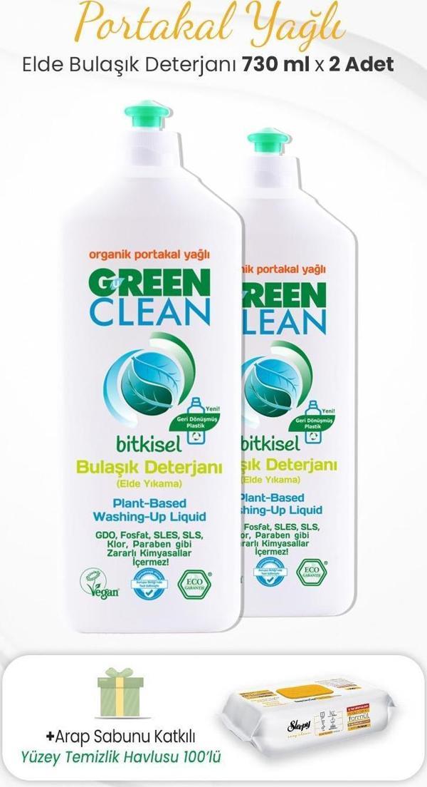 Green Clean 2li Elde Bulaşık Deterjanı  730 ml ve Arap Sabunlu Temizlik Havlusu - Image 1